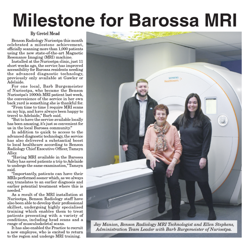1,000 MRI patients for the Barossa Benson Radiology